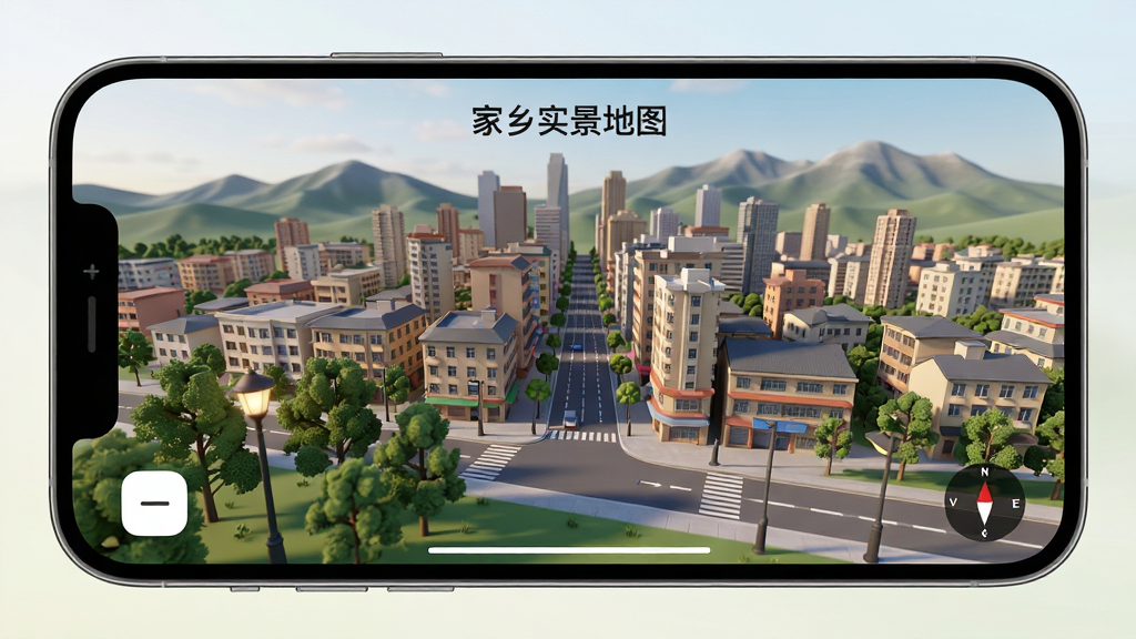 手机横屏展示“家乡实景地图”的3D城市俯瞰图,画面中立体建筑群与街道清晰可见,近处有树木与路灯的细节,远处是连绵山脉。界面底部有缩放按钮与指南针,整体风格为高精度3D渲染,光线自然柔和,色彩饱满,画质干净,构图以地图为中心,无多余元素。