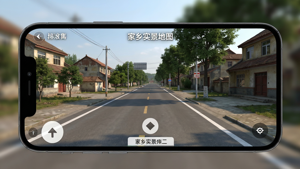 手机屏幕展示“家乡实景地图”的街景模式,画面为乡镇街道两旁的房屋与树木,地面有柏油路面与白色标线,界面下方有方向箭头与路名标签。风格为写实摄影级渲染,光线自然,细节丰富,画质干净,画面中心为街道延伸方向,无多余元素。