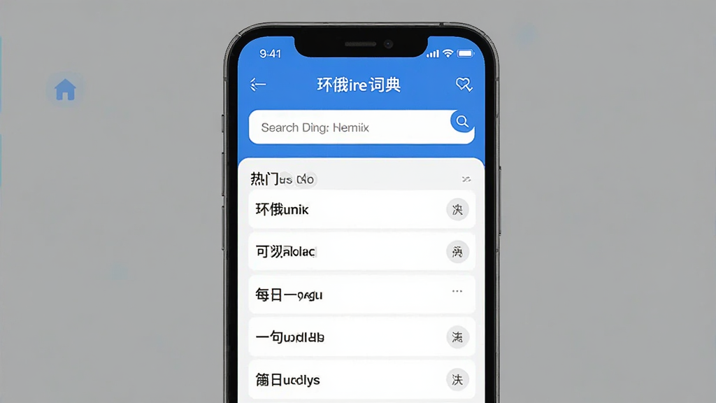 环俄网俄语词典的整体界面预览图,主体为手机屏幕展示词典首页,上方搜索框醒目,下方列表显示热门词汇与每日一句,排版简洁清晰,风格现代扁平化,细节包括蓝色主色调与白色背景,画质高清干净,无多余元素