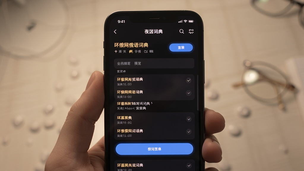 环俄网俄语词典夜间模式预览,主体为手机屏幕显示深色背景的查询结果页,布局与白天模式相同,排版清晰,风格柔和护眼,细节有暖色文字与蓝色高亮按钮,画质干净,无多余元素