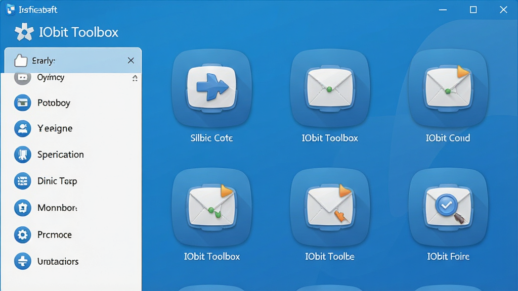 一张简洁的电脑桌面截图,显示IObit Toolbox主界面,左侧功能列表,右侧大图标展示,整体风格清爽,蓝色主题色,图标圆润,文字标注