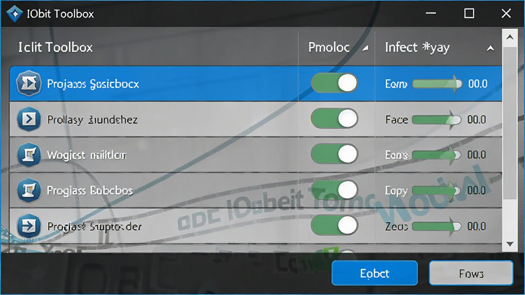 IObit Toolbox启动项管理界面,显示程序列表,每个项目有启用开关和影响等级,界面现代化,蓝色高亮显示关键按钮,文字标注