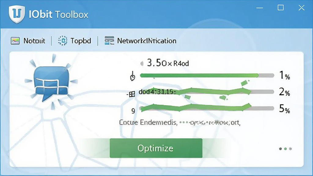 IObit Toolbox网络优化界面,显示网络状态指标,有优化按钮,背景淡蓝,图标简洁,文字标注
