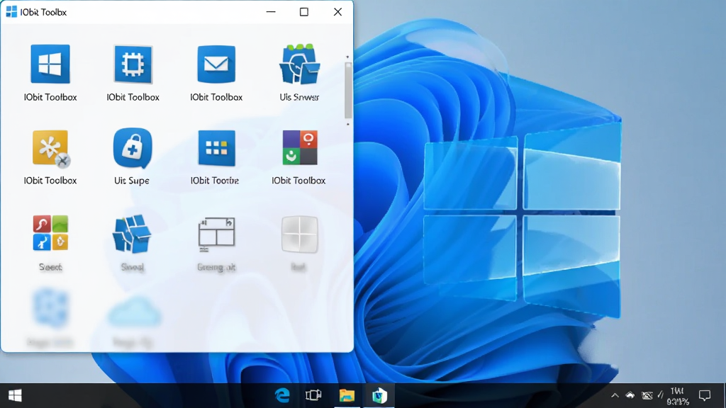 IObit Toolbox运行在Windows 11桌面上的截图,界面清晰,图标整齐,背景为微软默认壁纸,整体干净明亮,文字标注