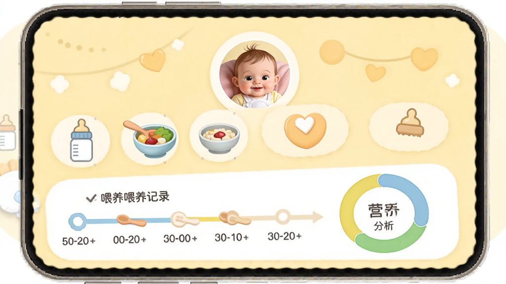 InternationalMommy应用界面展示喂养记录页面,包含奶瓶、辅食碗等图标,界面上方有宝宝头像,下方有喂养时间轴和营养分析环形图,背景为淡黄色温馨风格,界面圆润可爱,高清画质,干净无多余元素