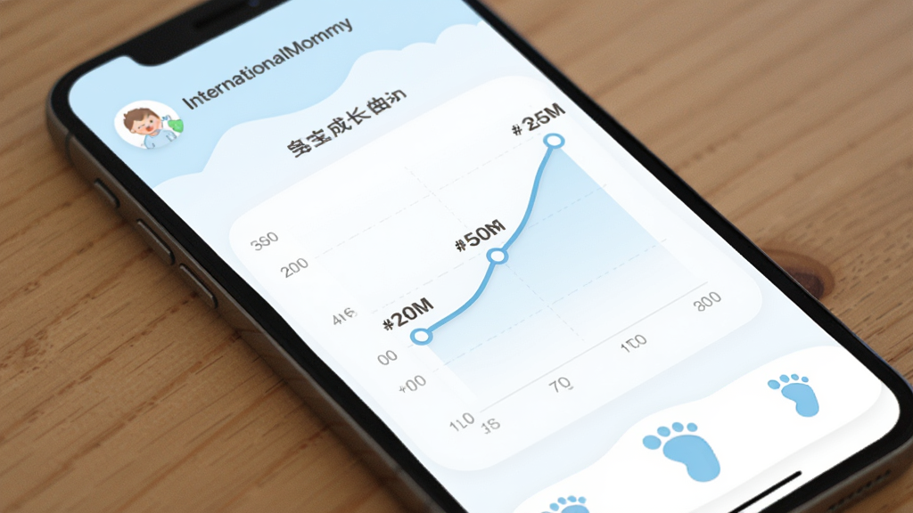 InternationalMommy应用界面截图风格,展示宝宝成长曲线图表,背景为柔和的淡蓝色调,图表线条清晰,标注身高体重数据点,界面简洁现代,配有可爱的小脚丫图标点缀,整体干净清爽,高清画质
