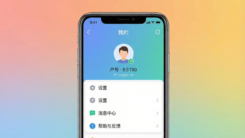 主体:一部智能手机特写,屏幕显示“名气家”APP的“我的”个人中心页面。布局:手机位于画面中央,背景为简洁的渐变色。排版:屏幕内清晰可见用户头像、户号信息以及功能菜单列表。风格:UI界面展示风格,画面干净明亮。细节:屏幕中突出“设置”、“消息中心”、“帮助与反馈”等文字。画质:高分辨率,干净无多余元素。