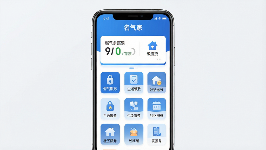 主体:一款名为“名气家”的智能手机应用界面展示图。布局:手机屏幕居中,画面展示APP首页,上方显示燃气余额与缴费快捷入口,中部为生活缴费、社区服务等功能图标。排版:干净整齐的图标网格排列,色彩以蓝色和白色为主色调。风格:现代化扁平化设计,科技感与温馨感并存,高清渲染图。细节:屏幕内清晰显示“名气家”字样及“燃气服务”、“生活缴费”等中文功能标签。画质:4K超清,干净无多余元素。