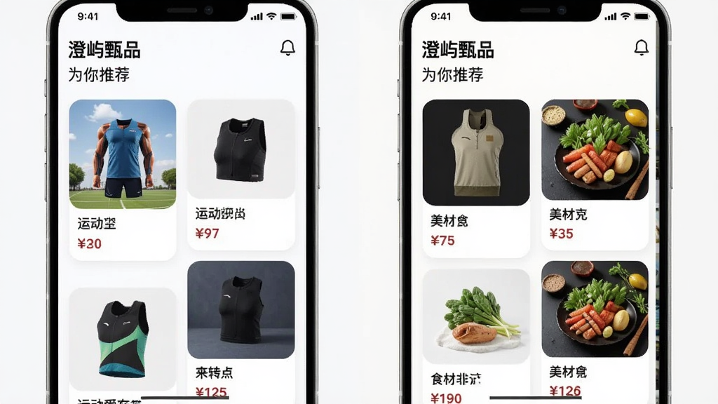 主体:澄屿甄品APP的个性化推荐界面,展示不同用户画像的推荐结果对比。布局:左右分屏,左侧是运动爱好者看到的运动装备,右侧是美食爱好者看到的食材。排版:瀑布流卡片形式,每张卡片有商品图、名称和价格。风格:现代简约,UI设计清爽。细节:屏幕顶部有“澄屿甄品”和“为你推荐”字样,卡片圆角设计。画质:高清UI截图风格,干净无多余元素。