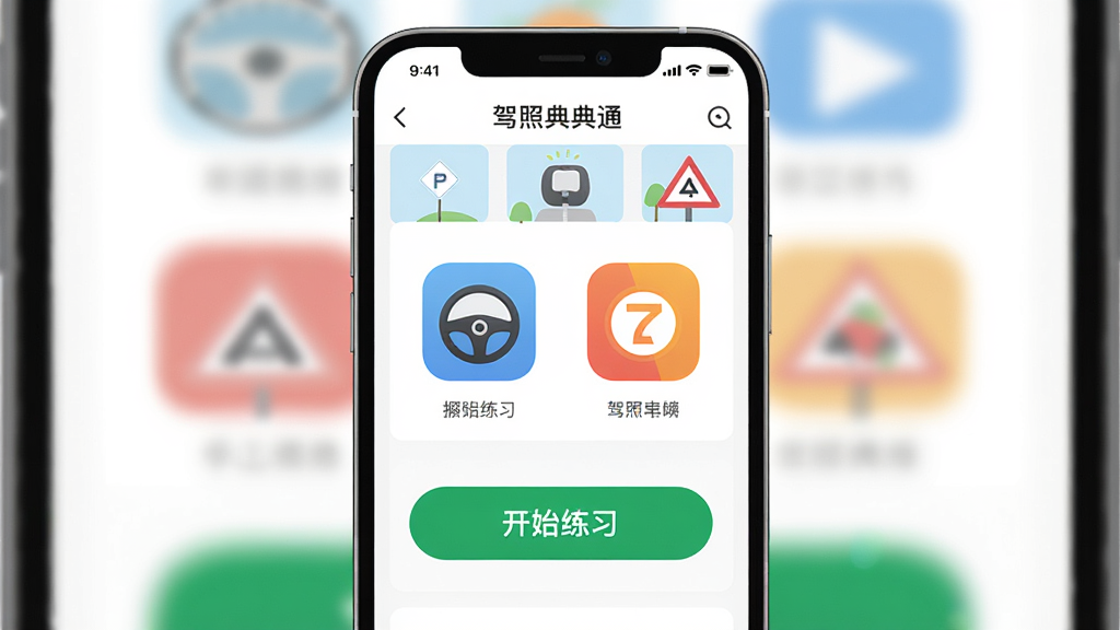 主体为一部智能手机屏幕显示驾照典典通APP界面,界面中有绿色“开始练习”按钮和彩色科目图标,布局居中,排版清晰,扁平化设计风格,细节包含方向盘和交通标志图标,画质高清,干净无多余元素。