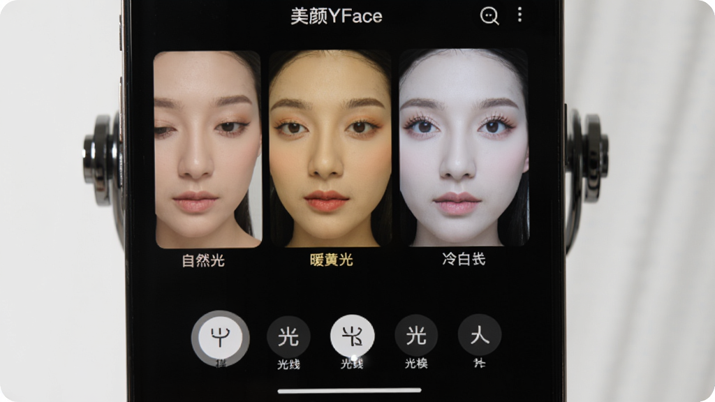 美颜YFace镜子补光模式切换界面,手机屏幕显示不同光线色调下的面部效果,包括自然光、暖黄光、冷白光,每种光线下面部妆容清晰可见,界面底部有光线模式选择按钮,背景为深色,突出光线变化,风格实用直观,画质清晰,干净无多余元素