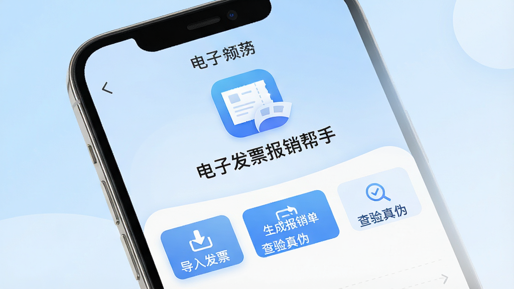 一张现代简约风格的手机应用界面预览图,画面中央展示“电子发票报销帮手”主界面,上方是应用名称与发票图标,下方排列着“导入发票”、“生成报销单”、“查验真伪”等主要功能按钮,背景为浅蓝色渐变,整体界面干净清爽,突出实用与专业感,画质高清,无多余元素。