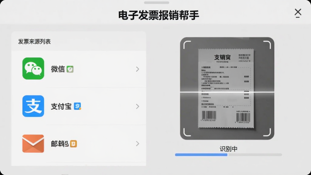 展示“电子发票报销帮手”导入功能的操作截图,画面左侧是发票来源列表,包含微信、支付宝、邮箱图标,右侧是正在扫描导入的发票缩略图,底部有“识别中”进度条,背景为浅灰色工作台,排版清晰,突出多来源批量导入的便捷性,画质干净,无多余元素。