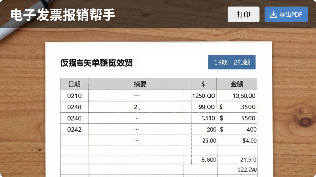 展示“电子发票报销帮手”生成报销单的预览效果,画面中央是一张打印版式的报销单,表格中清晰列出日期、摘要、金额,右上角有“打印”和“导出PDF”按钮,背景为木质桌面,整体风格商务简洁,突出单据的正式与规范性,画质清晰,无多余元素。