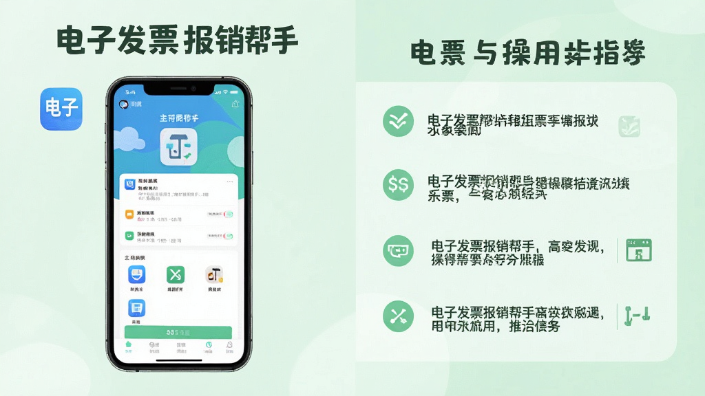 展示“电子发票报销帮手”在手机上安装与使用的指导图,画面分为左右两部分,左侧是手机屏幕上的应用图标与主界面,右侧是文字步骤说明,背景为浅绿色主题,风格清新,强调操作指引,画质干净,无多余元素。