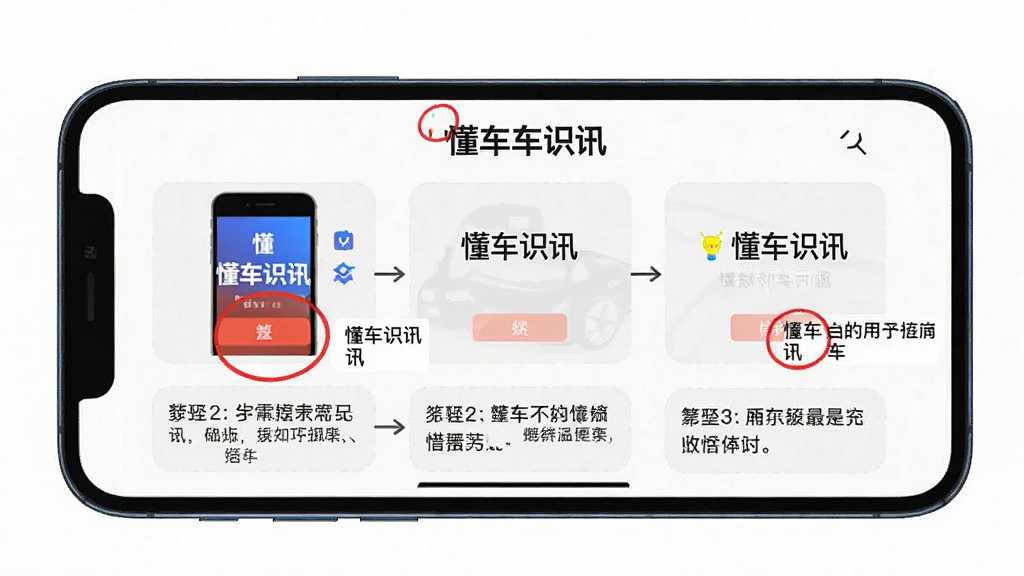 画面主体为手机横屏展示“懂车识讯”使用教程页面,屏幕上有步骤提示框,用红色圆圈标出关键按钮,并配有文字说明。布局为分步图解,上方是操作示意图,下方是解释文字。风格简洁明了,背景为纯白色,细节上突出“懂车识讯”界面元素,画质干净清晰,无多余元素。