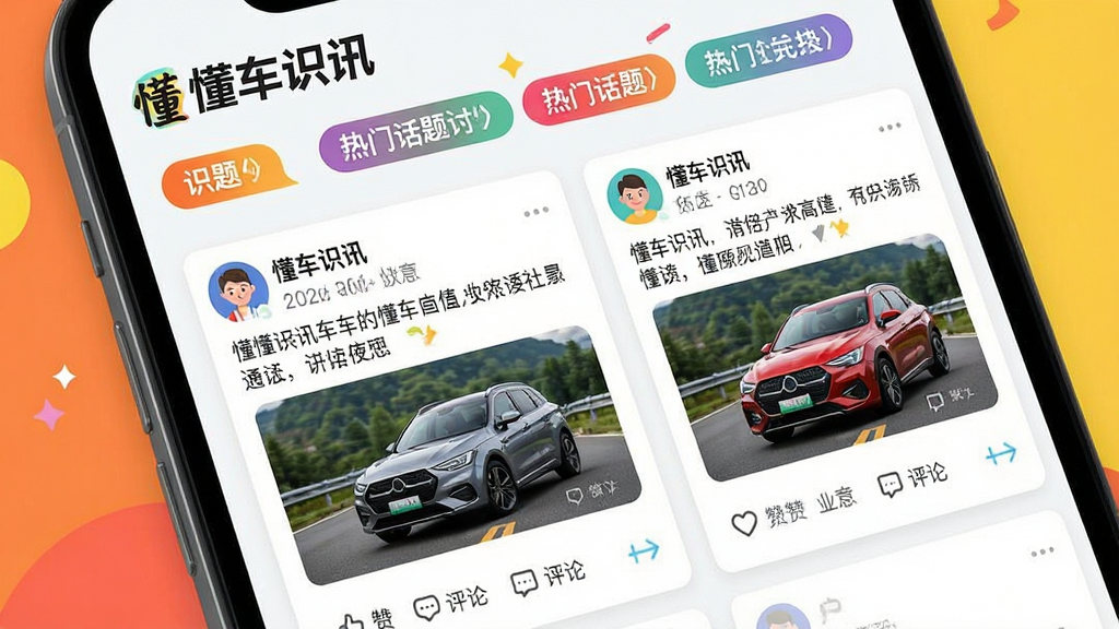 画面主体为手机屏幕显示“懂车识讯”社区讨论页面,顶部是热门话题标签,下方是用户发的帖子列表,每条帖子包含头像、昵称、内容和配图。布局为双列卡片式,配有点赞和评论按钮。风格活泼明快,色彩丰富但不刺眼,细节上突出“懂车识讯”社区标识,画质干净,无多余元素。