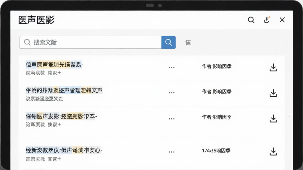 画面主体为“医声医影”文献检索界面,屏幕上有搜索框和文献列表,每篇文献显示标题、作者、影响因子。布局为列表式,背景白色,风格简约,细节包括高亮的关键词、下载图标,画质干净无多余元素,突出科研工具的便捷性