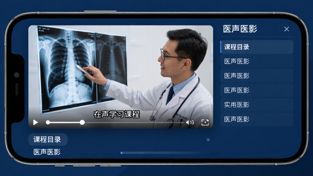 画面主体为“医声医影”课程播放页面,手机横屏显示教学视频,视频中医生正在讲解X光片,下方有课程目录列表。布局为左右分布,左边视频,右侧目录,背景深蓝,风格商务,细节包括播放进度条、清晰的字幕,画质高清,无多余元素,传达在线学习的实用场景