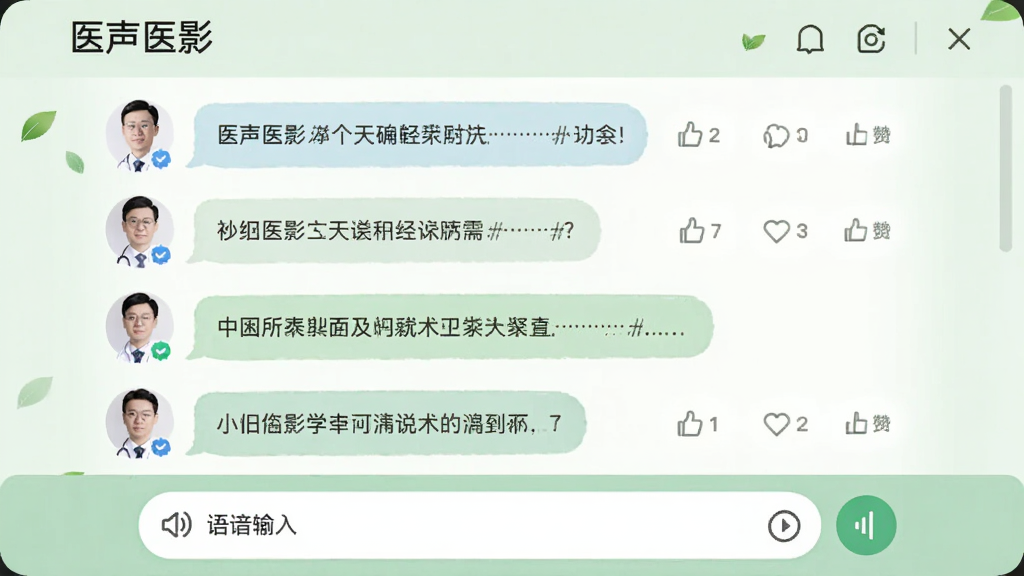 画面主体为“医声医影”社区讨论页面,屏幕上有多个医生头像和文字气泡,底部有语音输入按钮。布局为上下结构,上方是讨论列表,下方是输入区,背景淡绿色,风格清新自然,细节包括头像上的认证标识、点赞数图标,画质干净无多余元素,营造学术交流氛围