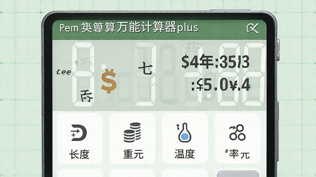 展示“万能计算器plus”单位换算界面,屏幕上显示人民币与美元的汇率兑换,下方列出长度、重量、温度等单位的图标,背景为淡绿色网格,风格简洁商务,布局规整,细节清晰,画质高清,无多余元素