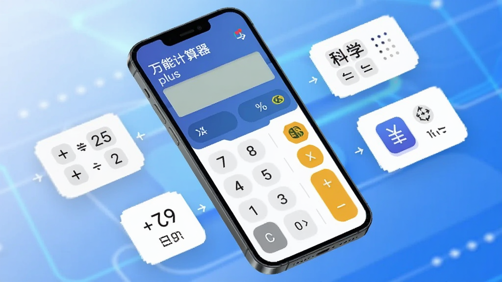 画面中央展示一款名为“万能计算器plus”的智能手机应用界面,手机倾斜放置,屏幕显示主计算器面板,数字按键清晰,背景为渐变色科技蓝,周围有浮动图标代表单位换算、汇率、科学计算等模块,整体布局简洁现代,风格扁平化,细节精致,画质高清干净,无多余元素