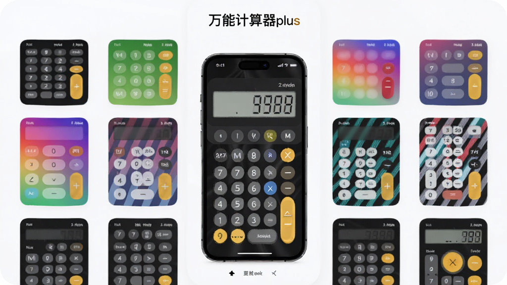 展示“万能计算器plus”主题选择页面,屏幕上排列着各种颜色的计算器皮肤,有纯色、渐变、条纹等样式,中间一台手机显示应用后的效果,背景柔和,排版美观,风格时尚,细节丰富,画质清晰,干净无多余元素