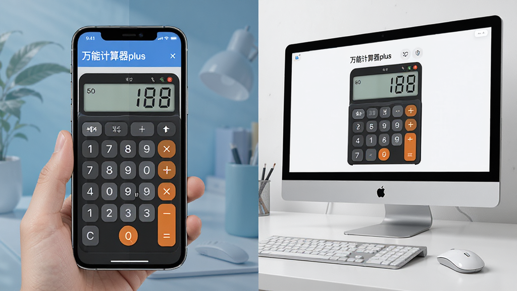 一张显示“万能计算器plus”在手机和电脑模拟器上运行的对比图,左侧为手机触屏操作,右侧为电脑鼠标操作,界面相同,背景分屏,风格现代,布局清晰,细节丰富,画质高清,干净无多余元素