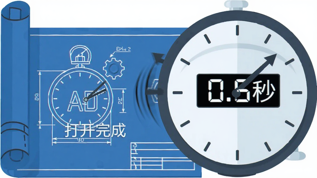 主体:一个时钟旁边有一张CAD图纸,时钟指针快速转动,布局:图纸在左,时钟在右,排版:简洁明了,风格:扁平化插画风,细节:图纸上标注“打开完成”字样,时钟显示“0.5秒”,画质:干净,无多余元素