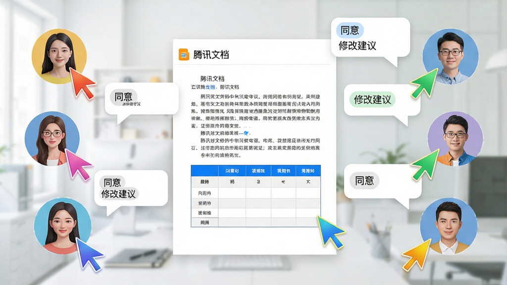 主体:多人头像悬浮在文档周围,每个头像对应不同颜色的光标;布局:中央为文档内容,四周分布头像和评论气泡;排版:界面干净,文档内容为文字和表格;风格:协作感强,色彩鲜明;细节:文档顶部显示“腾讯文档”名称,评论气泡中带有“同意”“修改建议”等字样;画质:高清,明亮,干净,无多余元素