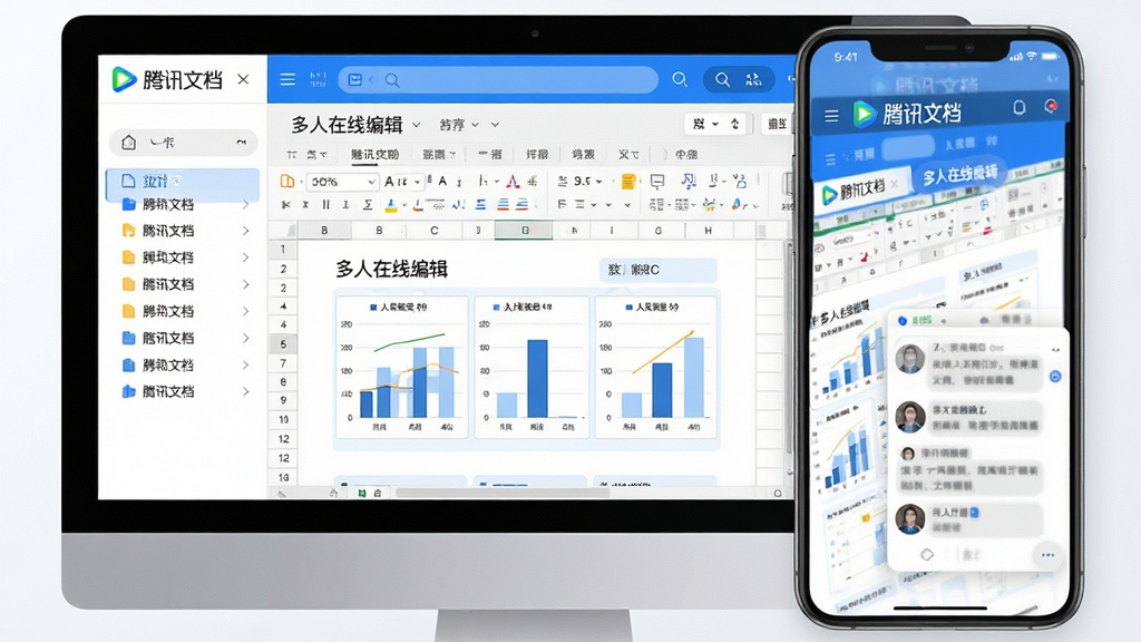 主体:腾讯文档界面在电脑和手机屏幕上同时展示,界面清晰现代;布局:左侧为文件列表,右侧为正在编辑的表格,手机端显示协作聊天浮窗;排版:整体采用扁平化设计,色彩以蓝白为主,文字清晰;风格:科技感与商务感结合;细节:屏幕中显示“腾讯文档”LOGO和“多人在线编辑”字样,文档中带有图表数据;画质:4K超清,干净,无多余元素