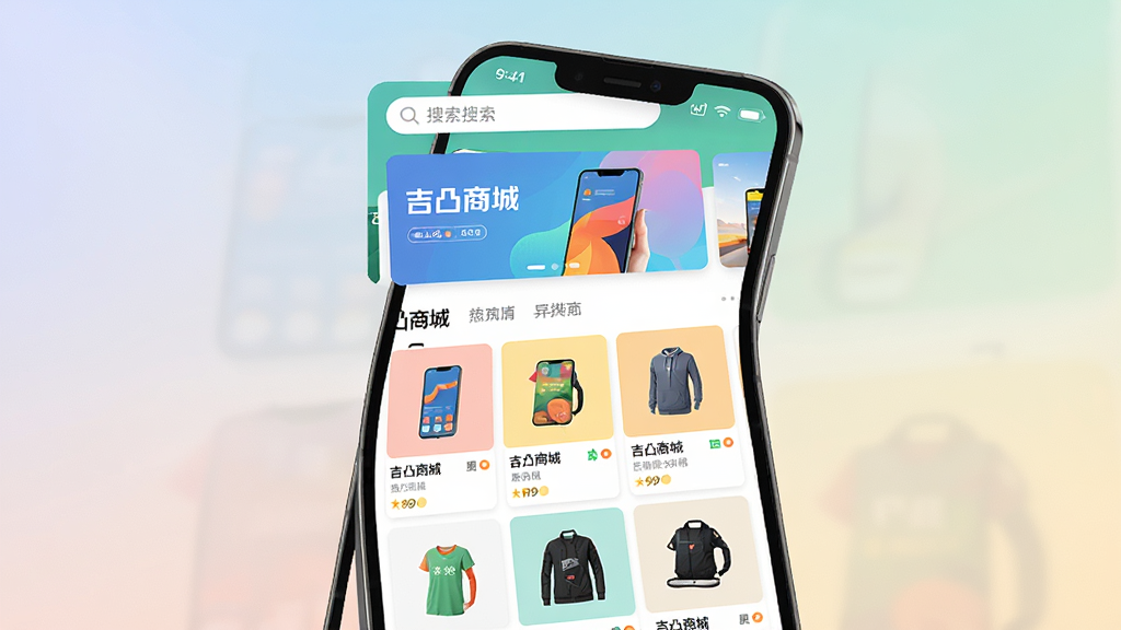 主体:智能手机屏幕展示吉凸商城APP首页,上方为搜索栏与轮播横幅,下方是商品瀑布流。布局:居中构图,手机微微倾斜,UI界面清晰可见。排版:界面中商品卡片排列整齐,色彩明快。风格:现代扁平化设计风格,界面清爽干净。细节:画面聚焦手机屏幕,“吉凸商城”字样与商品图片清晰可辨,背景为柔和的渐变色。画质:高清,干净,无多余元素。
