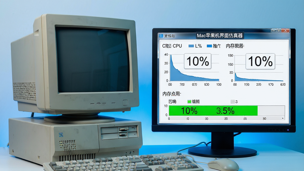 主体:一台老式Windows台式机旁边有一个资源监视器面板,显示CPU和内存占用率极低;布局:左侧为电脑主机,右侧为监控面板;排版:面板数据图表简洁清晰,数字明显小于10%;风格:科技感,蓝色调;细节:面板上显示“Mac苹果机界面仿真器”字样,内存占用条为绿色;画质:高清,干净无多余元素。