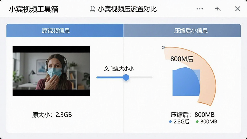 主体:小宾视频工具箱的压缩设置界面,显示压缩前后文件大小对比;布局:左右对比布局,左侧为原视频信息,右侧为压缩后信息;排版:对比清晰;风格:简洁商务风;细节:左侧显示“原大小:2.3GB”,右侧显示“压缩后:800MB”,中间有压缩滑杆;画质:高清,干净,无多余元素