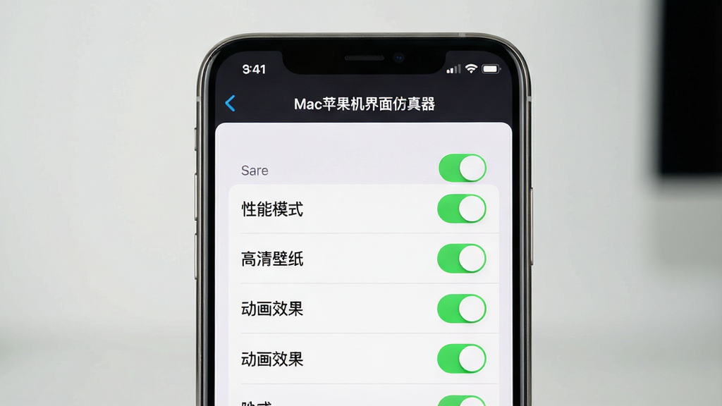主体:手机屏幕显示Mac苹果机界面仿真器的移动端设置界面,包含“性能模式”、“高清壁纸”、“动画效果”等开关;布局:手机居中,屏幕内容清晰;排版:列表形式,开关按钮为绿色;风格:简洁移动端UI;细节:手机边框有金属质感,屏幕上显示“Mac苹果机界面仿真器”字样;画质:4K超清,干净无多余元素。