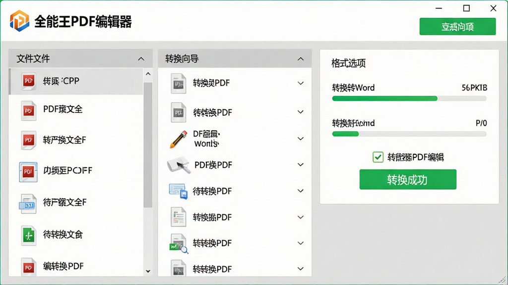 ���壺ȫ����PDF�༭����ʽת�����ܽ��棬��ʾPDFתWord��ת����������ת���ɹ���ʾ���ļ��б�չʾ�����ת���ļ������֣�ת����ʽ���ڣ����Ϊ�ļ��б����Ҳ�Ϊ��ʽѡ���񣺼��������ɫ����������ɫ������ϸ�ڣ����涥���С�ȫ����PDF�༭������־��ת����ť���������ʣ����壬�ɾ����޶���Ԫ�ء�