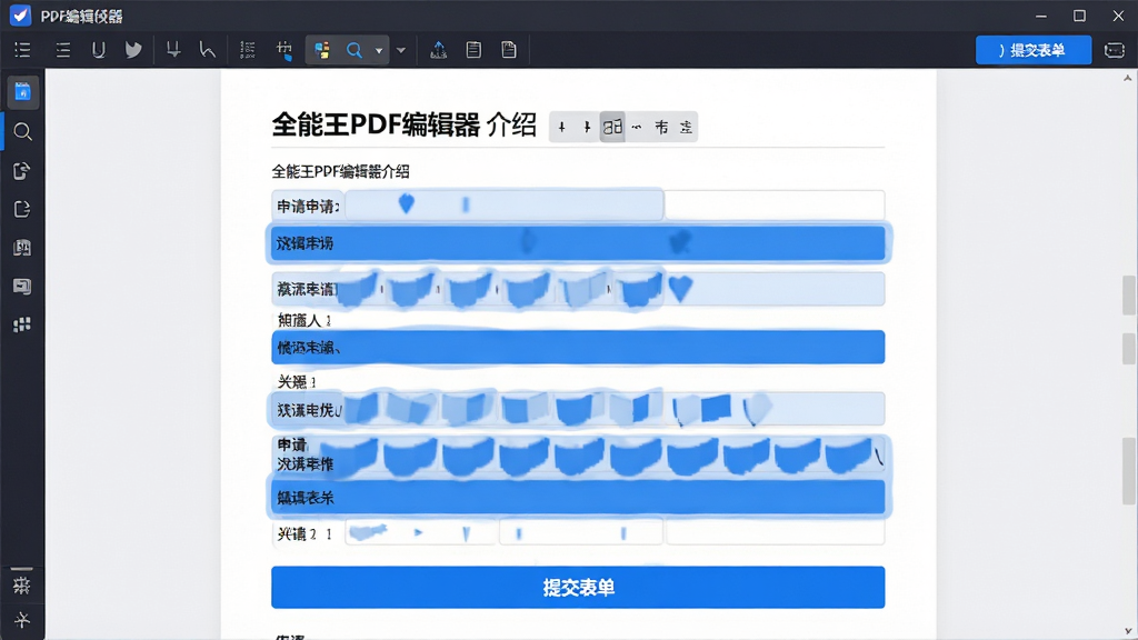 ���壺ȫ����PDF�༭��������д���棬��ʾһ������д�õ�PDF������������������ʾ���ײ��С��ύ��������ť�����֣�����ҳ��ȫ��չʾ�������й���������������Լ����ɫ��������ϸ�ڣ���������Ϊ��ȫ����PDF�༭�������ܣ���д���������ɼ������ʣ��߷ֱ��ʣ��ɾ����޶���Ԫ�ء�