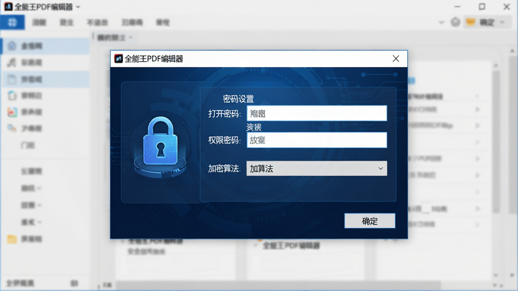 ���壺ȫ����PDF�༭����ȫ�������ý��棬��ʾ�������ô��ڣ��С������롱�͡�Ȩ�����롱������Լ������㷨ѡ������֣��������У�����Ϊ���������棻�������ɫ�Ƽ��У�����ͼ�ꣻϸ�ڣ����ڱ���Ϊ��ȫ����PDF�༭��������ť��ʾ��ȷ���������ʣ����壬�ɾ����޶���Ԫ�ء�