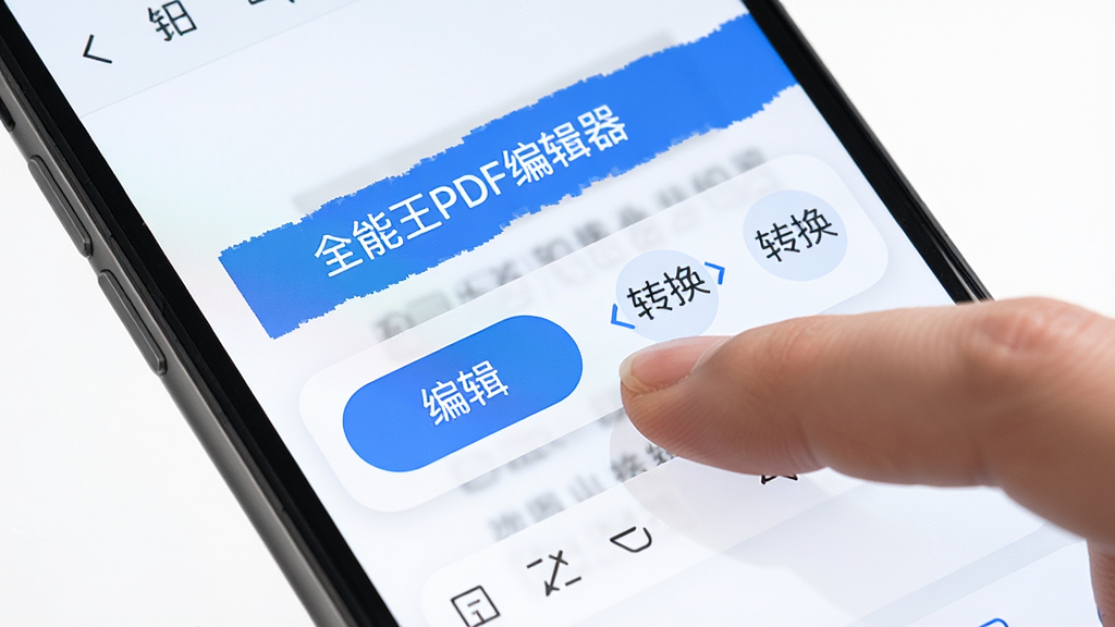 ���壺ȫ����PDF�༭�����ֻ��ϵĲ������棬��Ļ��ʾ�ĵ��༭״̬����ָ��������������֣��ֻ�����չʾ������Ԫ�ؽ��գ�����ƶ���UI��Բ��ͼ�꣬��ɫ������ϸ�ڣ���Ļ����ʾ��ȫ����PDF�༭�����������С��༭����ת������ť�����ʣ����壬�ɾ����޶���Ԫ�ء�