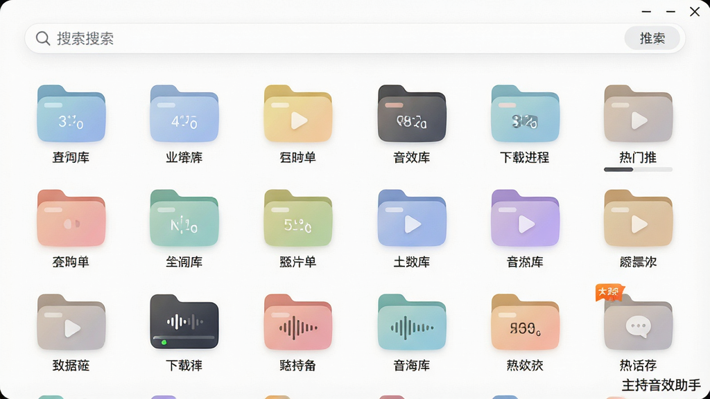 主体:主持音效助手音效库界面,展示多个分类文件夹。布局:上方搜索栏,下方网格状音效图标,每个图标下方标注名称。排版:整齐排列,分类标签清晰。风格:清爽简洁,图标圆润,色彩柔和。细节:文件夹图标、音效时长标签、下载进度条、热门推荐标识。画质:高清,干净,无多余元素,界面角落显示“主持音效助手”字样。