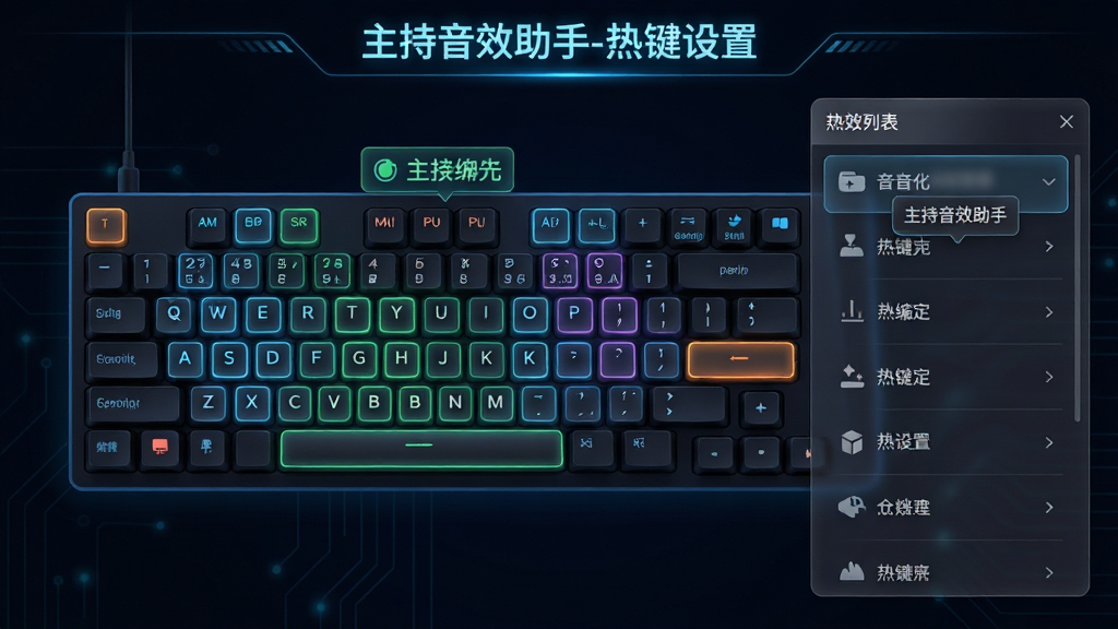 主体:主持音效助手快捷热键设置界面,键盘示意图。布局:中央键盘图,亮色标记可绑定按键,右侧为音效列表。排版:直观易读,操作引导清晰。风格:科技感,深色背景,霓虹光效。细节:按键颜色区分状态,音效名称悬浮提示,设置面板半透明。画质:高清,干净,无多余元素,界面标题“主持音效助手-热键设置”。