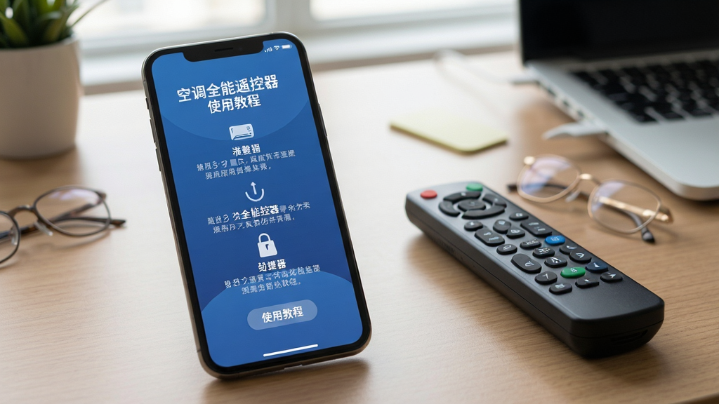 空调全能遥控器使用教程界面,手机屏幕显示步骤指引,背景为办公桌,旁边放着空调遥控器,画面清晰,布局合理,风格写实,细节丰富,画质干净