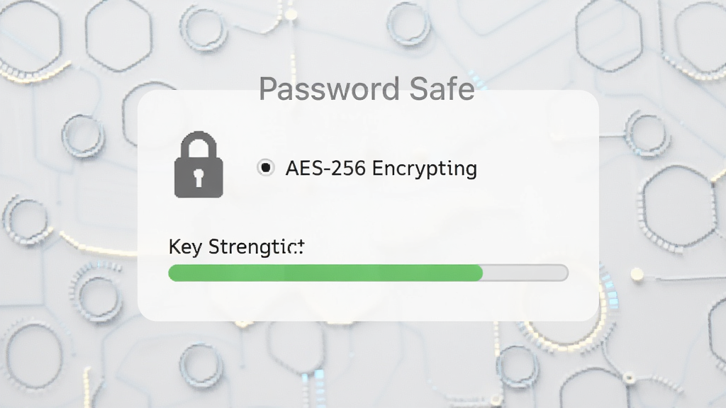 画面主体为Password Safe的加密设置界面,显示AES-256加密选项和密钥强度指示条,背景为淡灰色科技纹理,布局居中,排版清晰,风格极简专业,细节包含锁形图标和加密进度条,画质高清,干净无多余元素