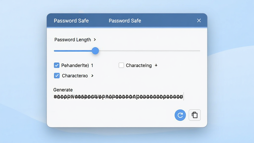画面主体为Password Safe的密码生成器弹窗,显示可调节的密码长度滑块和字符选项复选框,下方生成一串复杂密码示例,背景为浅蓝色柔和渐变,布局简洁,排版整齐,风格清新,细节包含刷新按钮和复制图标,画质干净,无多余元素