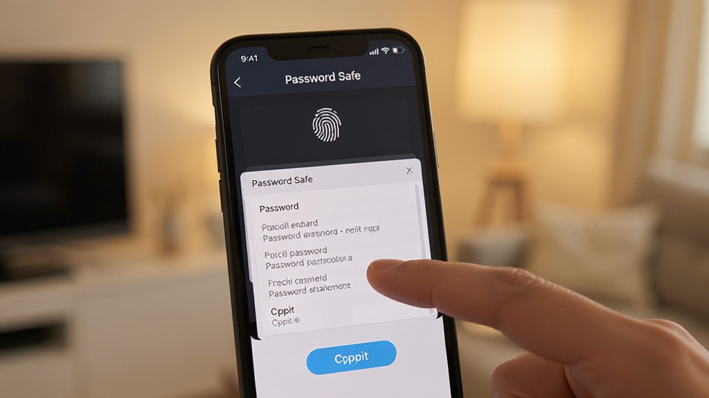 画面主体为Password Safe在手机上的操作界面,手指点击条目展开密码详情,背景为柔和的室内光线,布局简洁,排版清晰,风格实用,细节包含指纹解锁图标和复制按钮,画质干净,无多余元素