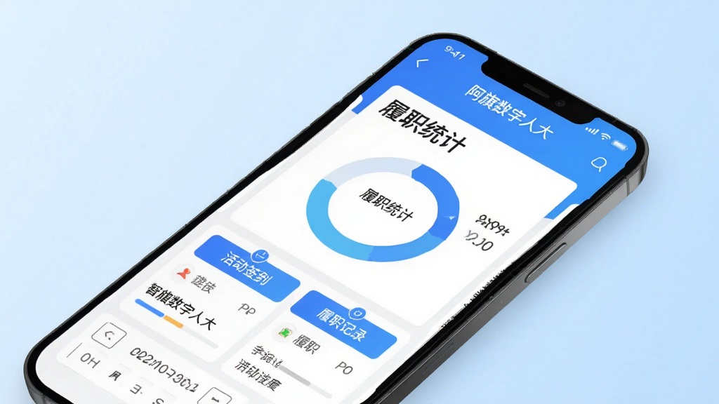 主体为阿旗数字人大APP“智能履职”功能界面截图,屏幕中央显示“履职统计”环形图表,下方有“活动签到”、“履职记录”两个按钮;界面以蓝色为主色调,卡片式布局;手机斜45度角展示,背景为干净的浅蓝色渐变;排版突出图表数据,文字标签清晰;风格为现代扁平化UI设计,细节包含进度条、日期选择器等元素;画质高清,整体干净,无多余元素。