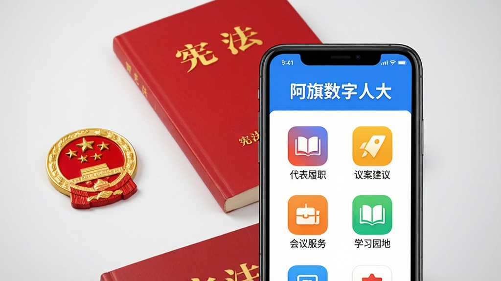 主体为一部亮屏的智能手机,屏幕展示“阿旗数字人大”APP主界面,界面顶部有“阿旗数字人大”蓝色标题栏,下方排列着“代表履职”、“议案建议”、“会议服务”、“学习园地”等彩色功能图标;手机旁放置一本红色封面的《宪法》单行本和一枚国徽徽章;布局为手机居中偏右,左侧留白放国徽,底部放书籍;排版采用平视正视角,手机竖屏展示;风格为写实商务风格,光线明亮柔和,背景为浅灰色渐变;细节上手机屏幕界面文字清晰可辨,图标圆润精致;画质为4K高清,整体干净,无多余元素。