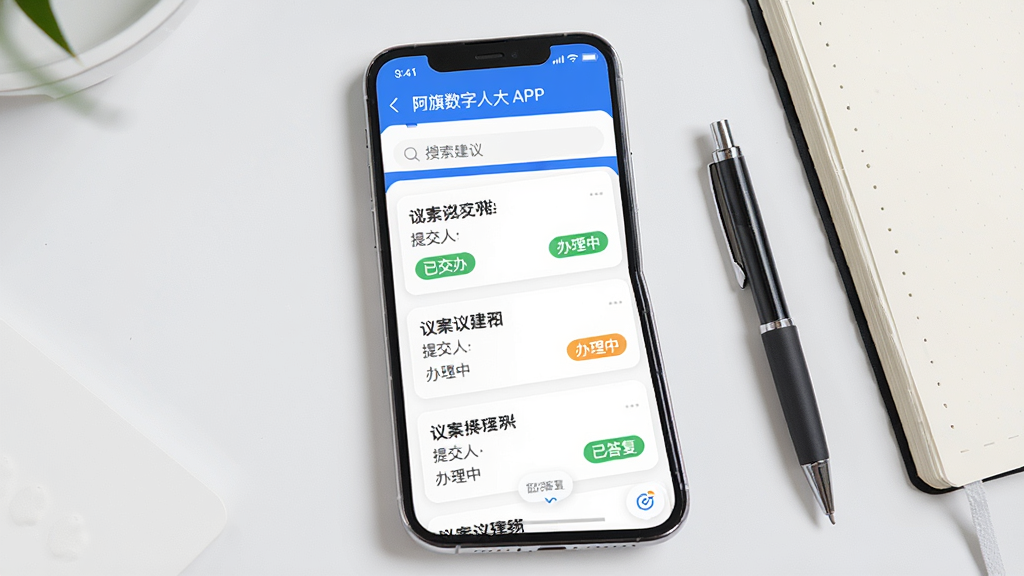 主体为阿旗数字人大APP“议案建议”列表页面,屏幕上方搜索栏,下方为多条建议卡片,每条卡片显示标题、提交人、办理状态标签(如“已交办”、“办理中”、“已答复”);界面采用白色背景配蓝色强调色,卡片圆角设计;手机平放于桌面,旁边有笔和笔记本;布局为俯视角度,排版整齐清晰;风格为简洁办公风,细节有状态颜色区分;画质干净明亮,无多余元素。
