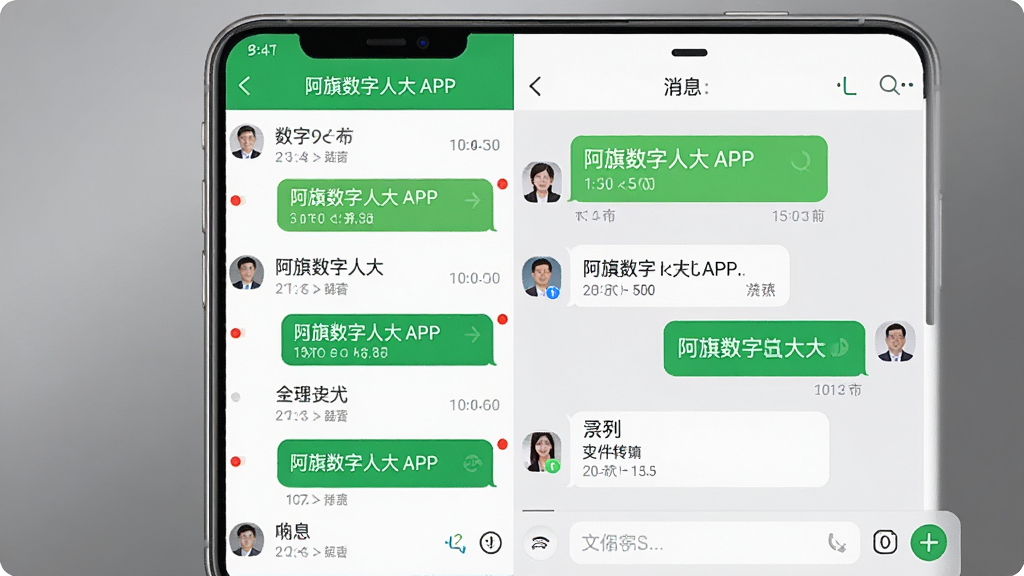 主体为阿旗数字人大APP“消息”界面,屏幕左侧为会话列表,右侧为聊天窗口,显示文字对话内容和文件传输记录;界面采用绿色消息气泡和白色气泡区分收发;手机竖屏展示,背景为灰色渐变;布局为左右分栏式,排版紧凑;风格为社交软件界面风格,细节有未读红点、时间戳;画质高清,整体干净无多余元素。