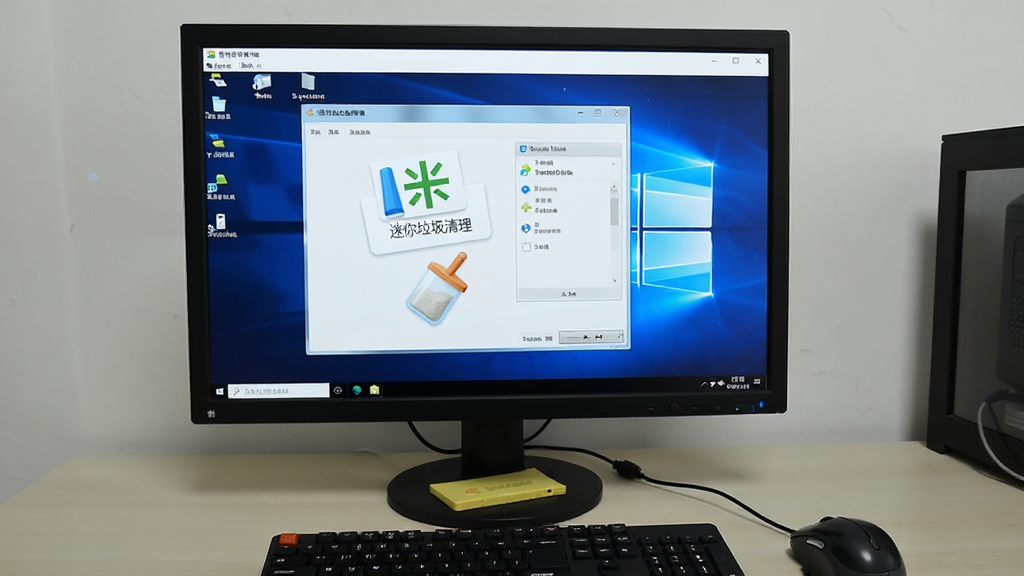 一张展示迷你垃圾清理在Windows电脑上运行的实拍图,屏幕显示主界面,旁边有鼠标,桌面整洁,风格真实,包含“迷你垃圾清理”文字,画质清晰,无多余元素